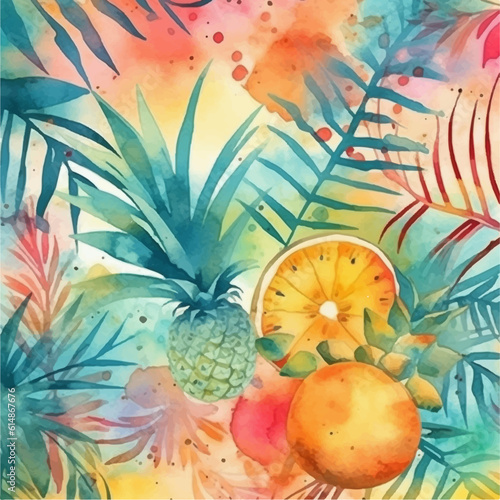 Abstract fruits and leaves background. Colourful watercolour vector illustration.