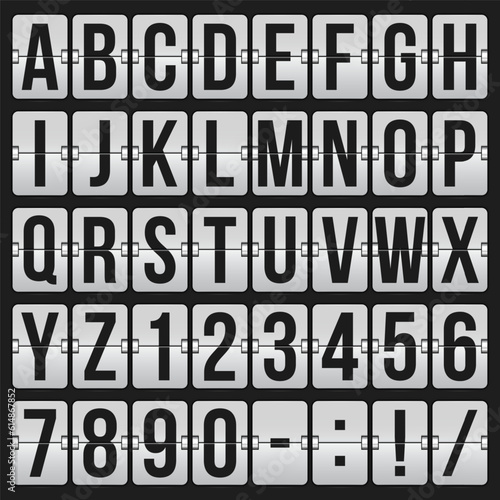 Set of letters and numbers on a mechanical scoreboard. Vector template for your design.