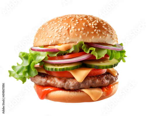 Big hamburger on white background, photo realistic illustration, generative ai
