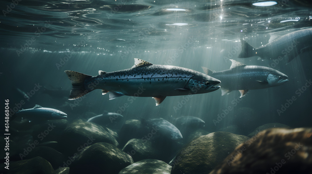 Fototapeta premium Salmon in fresh water. Generative AI 