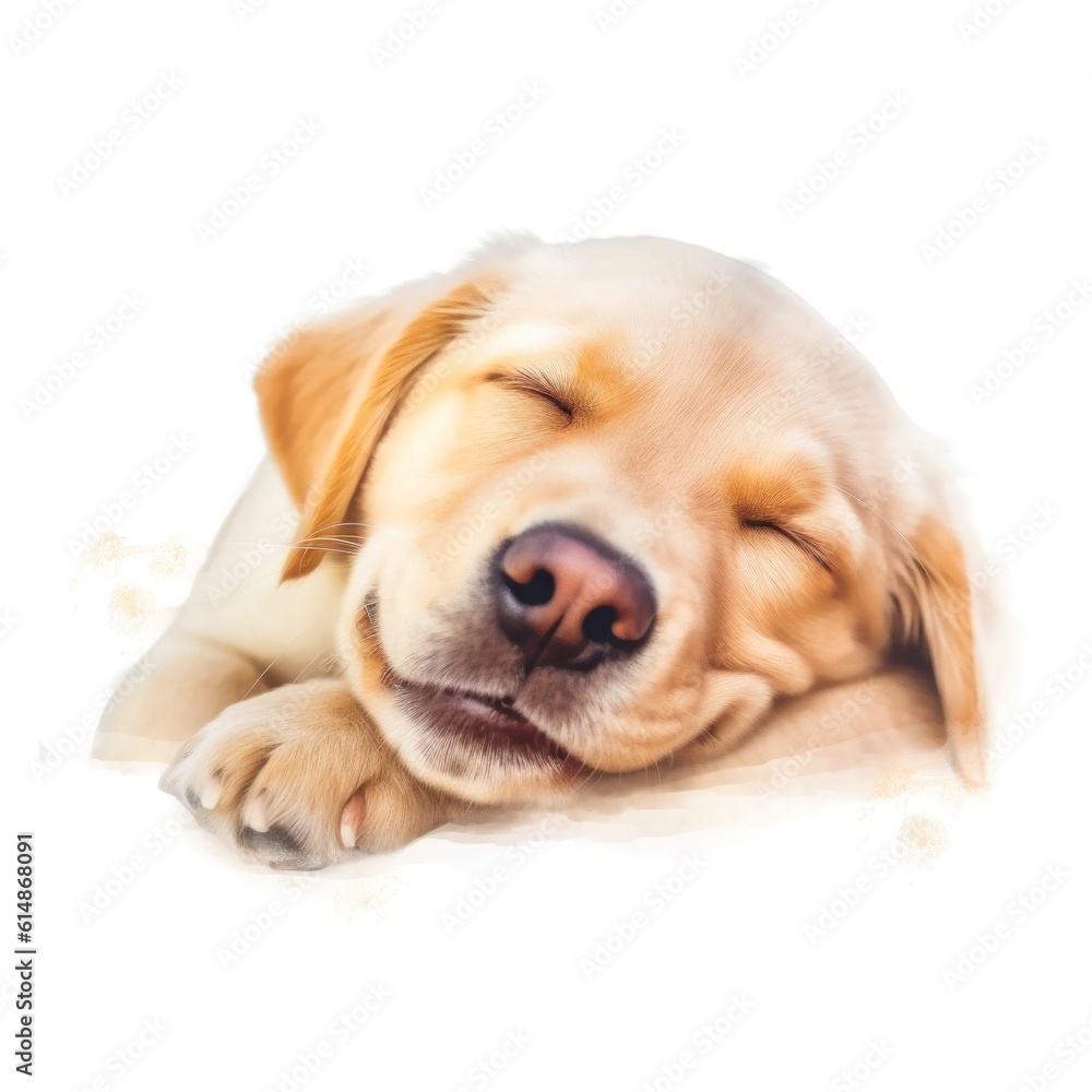 Golden Retriever lies on a blanket against white background. close-up.Generative AI Golden Retriever lies on a blanket against white background. close-up.Generative AI