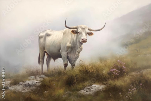 Close-up of a cow with long horns in a mountain pasture. Generative AI. 