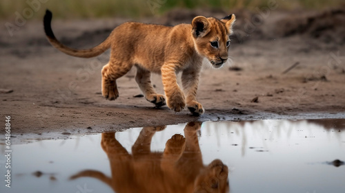 A baby lion, runs through the puddle, is reflected in the puddle