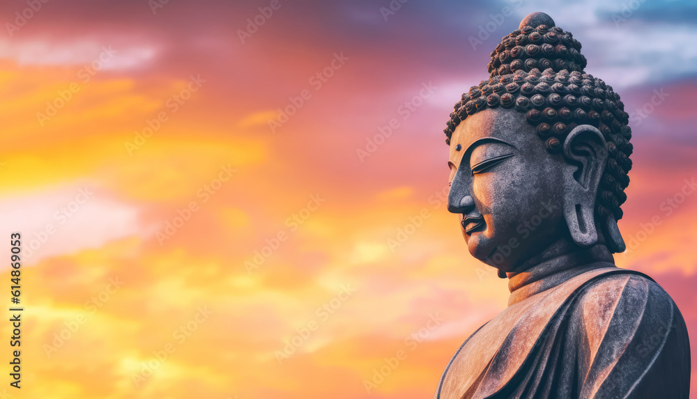 Tathagata Buddha statute, detail to head, orange pink sunset sky background - space for text. Generative AI Tathagata Buddha statute, detail to head, orange pink sunset sky background - space for text. Generative AI