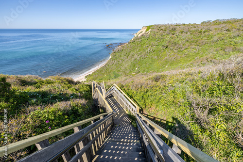 Photography Long wooden staircase leading down to the beach at Mohegan Bluffs, Block Island,