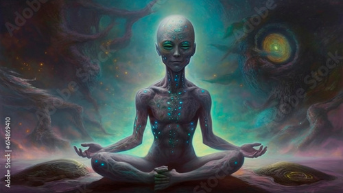Painting of a meditating alien humanoid