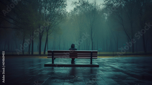 An image of depression showing a man sitting on an abandoned bench in a rainy park.

