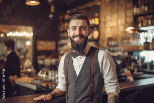 Portrait of a happy and smiling waiter, or small business owner in the coffee shop. 