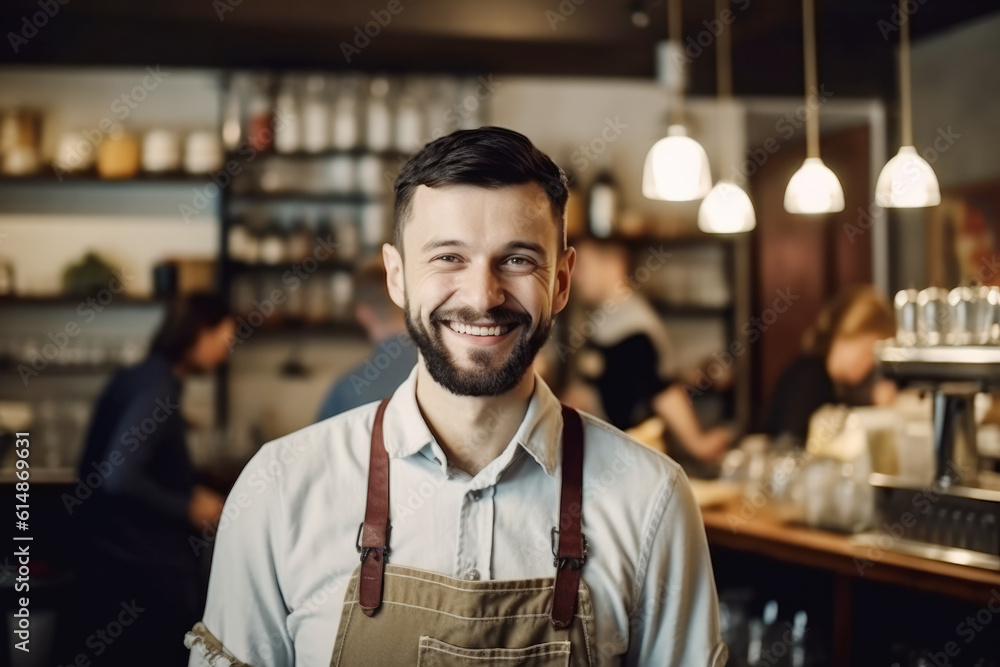 Fototapeta premium Portrait of a happy and smiling waiter, or small business owner in the coffee shop. 