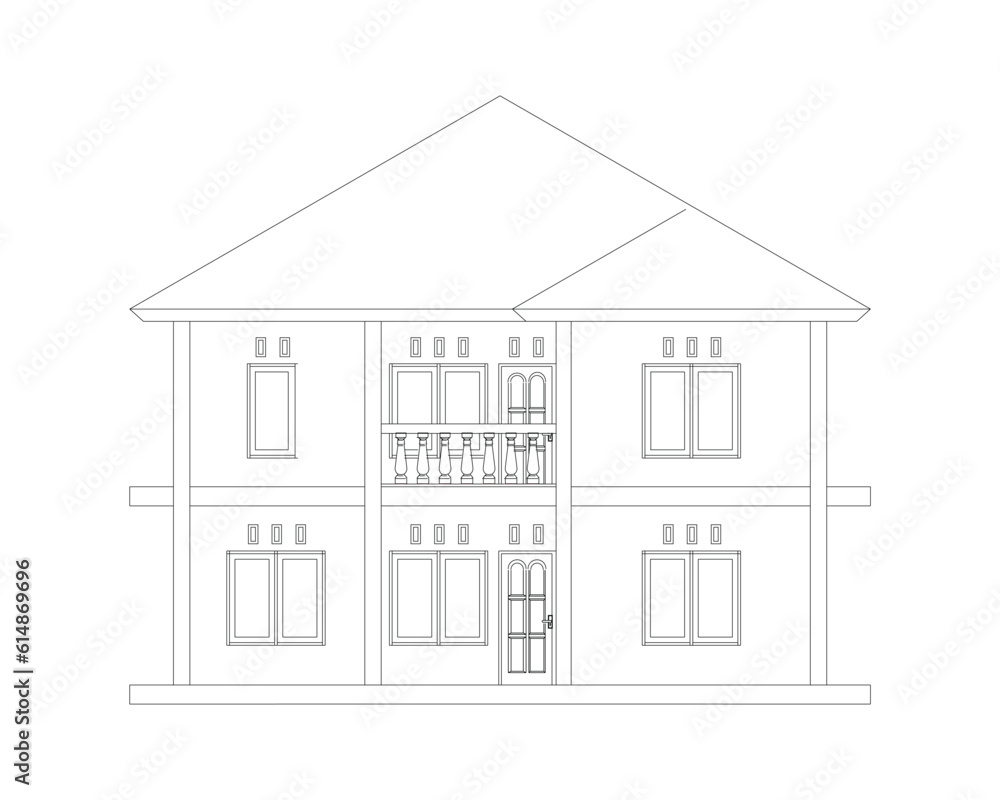 vector architectural design of a black and white drawing of a two-story house from the front view with a roof and doors and windows vector architectural design of a black and white drawing of a two-story house from the front view with a roof and doors and windows