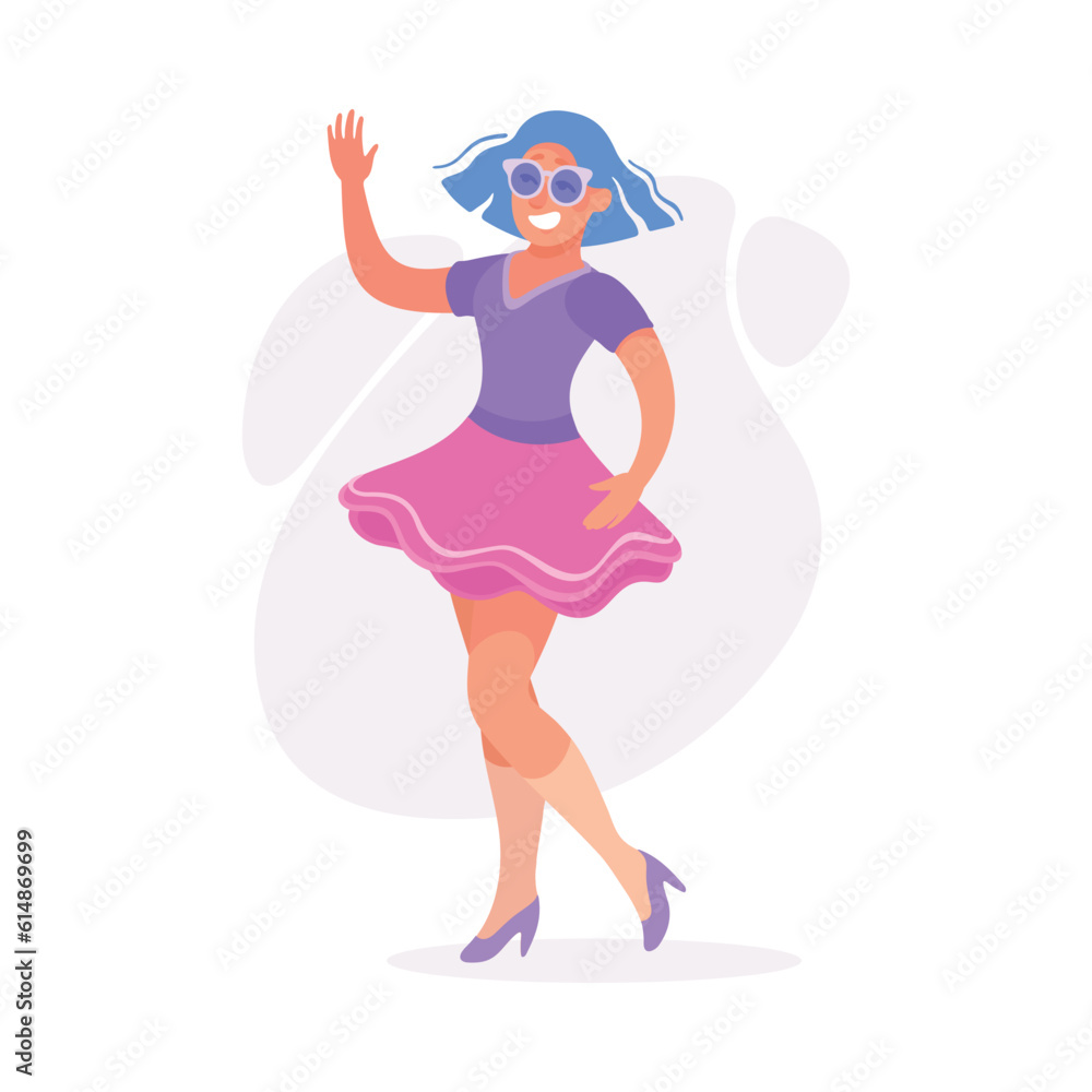 Woman Character Dressed in Carnival and Party Outfit with Blue Hair Waving Hand Vector Illustration Woman Character Dressed in Carnival and Party Outfit with Blue Hair Waving Hand Vector Illustration