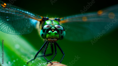 Professional macro photography of a dragonfly on a green leaf