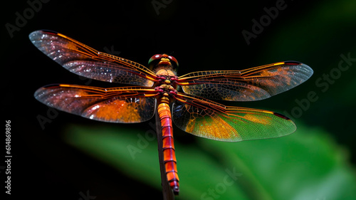 Professional macro photography of a dragonfly on a green leaf 

