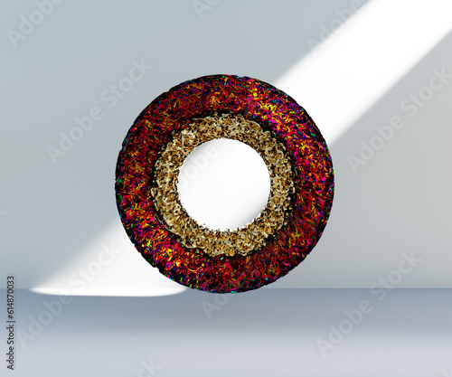 3d render, abstract geometric torus shape, cracked surface with hole. Split object isolated on white background. Minimal design.