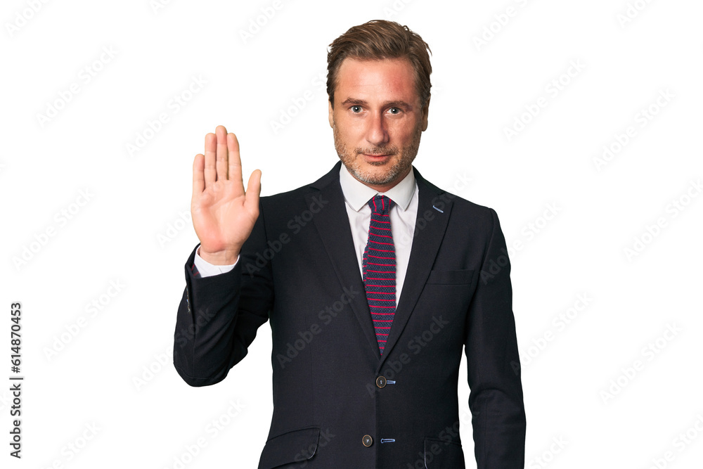 A middle-aged businessman isolated smiling cheerful showing number five with fingers. A middle-aged businessman isolated smiling cheerful showing number five with fingers.