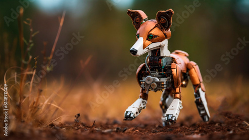 A natural photo of a robotic fox, elegant and mysterious