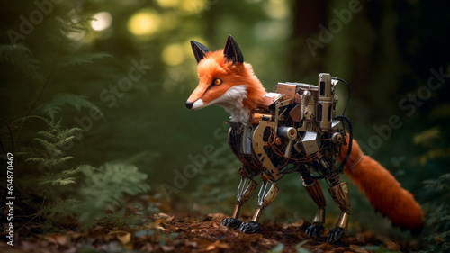 A natural photo of a robotic fox, elegant and mysterious