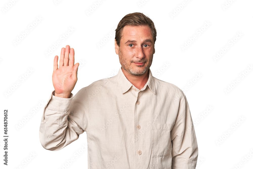 A middle-aged man isolated smiling cheerful showing number five with fingers. A middle-aged man isolated smiling cheerful showing number five with fingers.