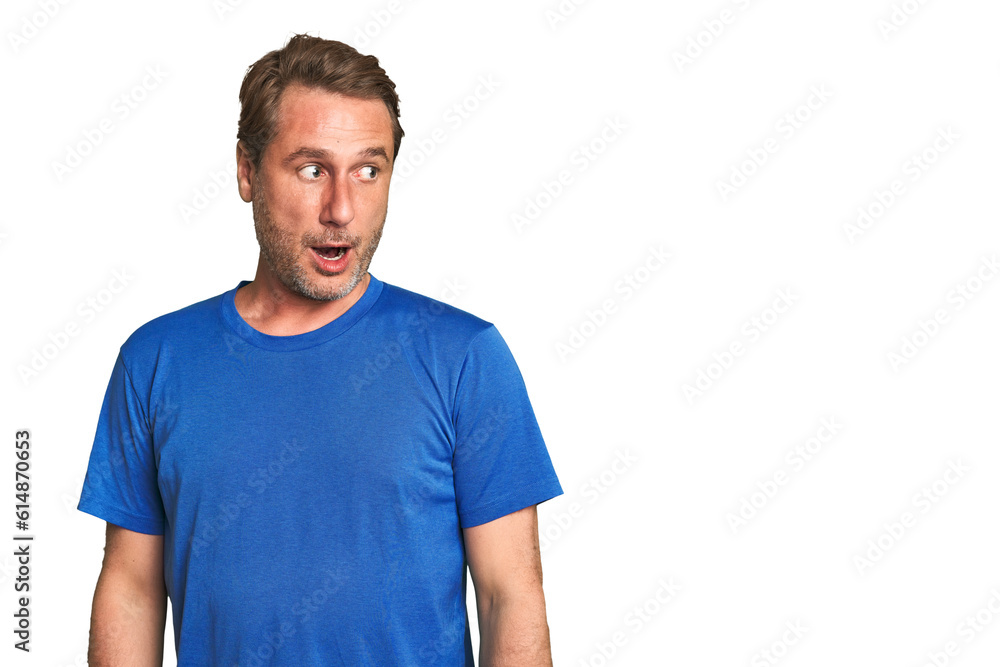 A middle-aged man isolated being shocked because of something she has seen. A middle-aged man isolated being shocked because of something she has seen.