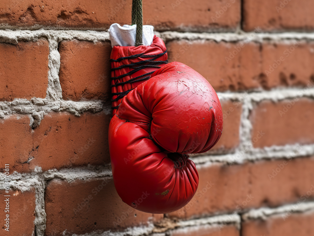 A red boxing glove hanging on a brick wall. Boxing gloves on brick wall. Rest, power and strength concept from a pair of boxing gloves. Realistic 3D illustration. Generative AI