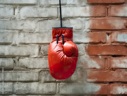A red boxing glove hanging on a brick wall. Boxing gloves on brick wall. Rest, power and strength concept from a pair of boxing gloves. Realistic 3D illustration. Generative AI