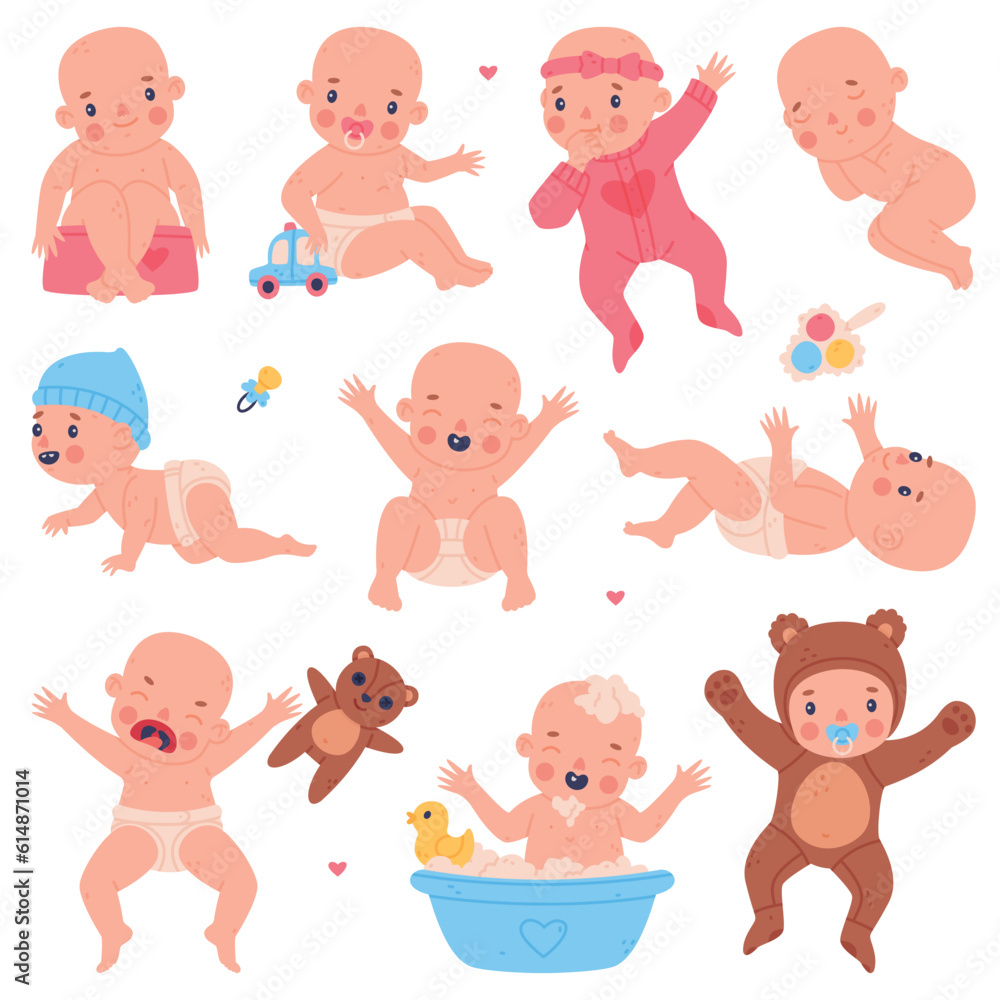 Cute Little Baby or Infant in Diaper Vector Set Cute Little Baby or Infant in Diaper Vector Set