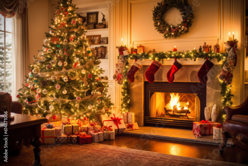 Nostalgic Christmas: A Cozy, Warm, and Festive Living Room with a Decorated Tree, Rustic Fireplace, and Traditional Holiday Decorations. photo