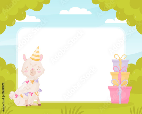 Empty Card with Cute Fluffy Llama or Alpaca Character Vector Template