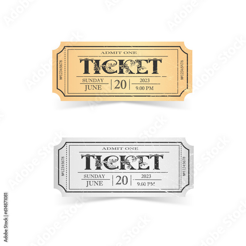 Two retro vintage tickets white background. Event pass