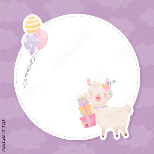 Empty Card with Cute Fluffy Llama or Alpaca Character Vector Template