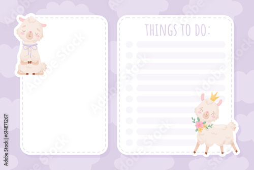 Empty Card with Cute Fluffy Llama or Alpaca Character Vector Template