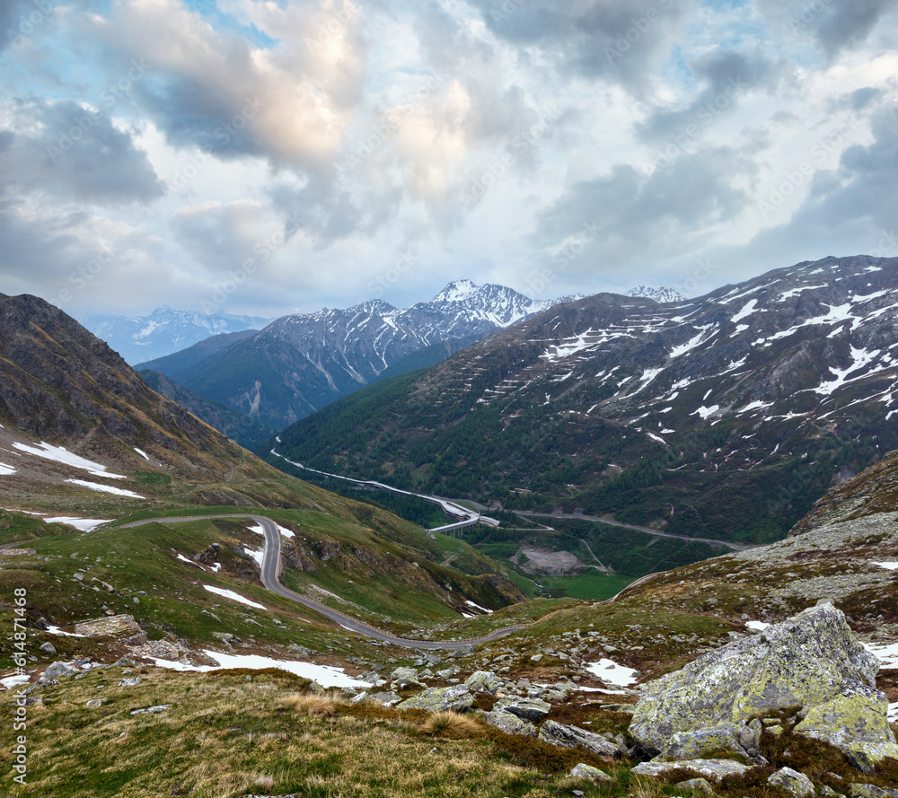 Great St. Bernard Pass summer landscape. It located in Switzerland in the canton of Valais, very close to Italy.