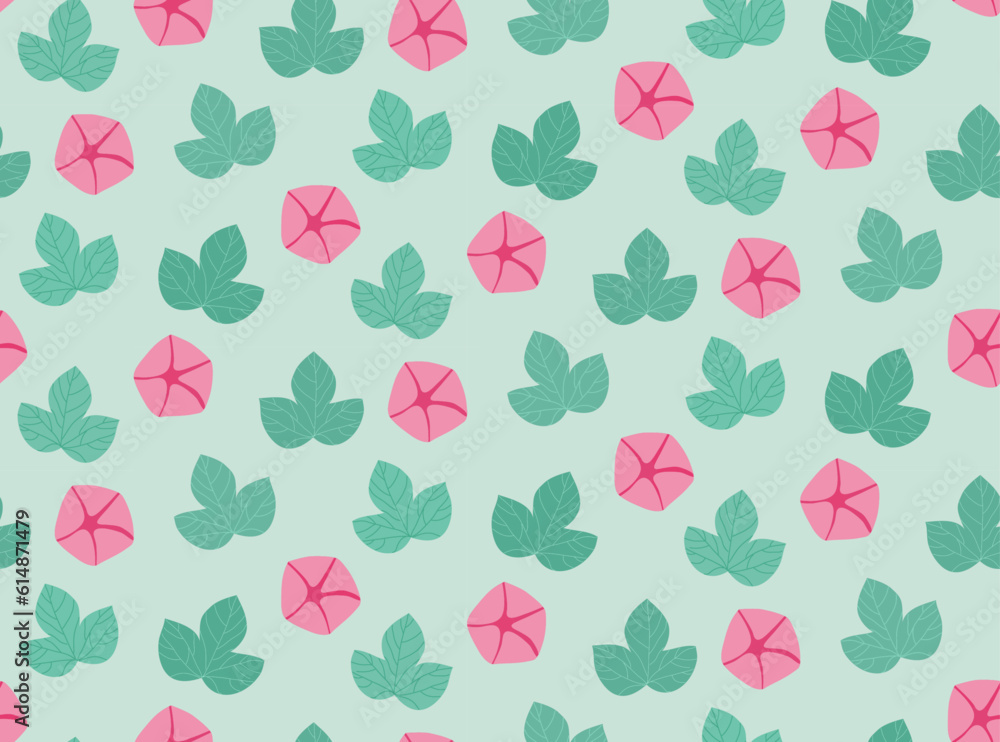 Minimalist floral seamless pattern design. Pink and green bindweed background for textiles and decoration.