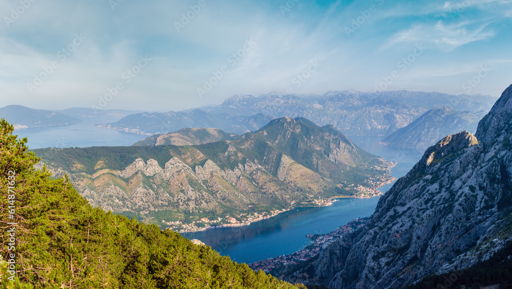 Bay of Kotor summer misty view from up with pine forest on slope (Montenegro)