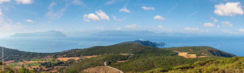 South cape of Lefkas island and lighthouse panorama (Lefkada, Greece, Ionian Sea). View from up. South cape of Lefkas island and lighthouse panorama (Lefkada, Greece, Ionian Sea). View from up.