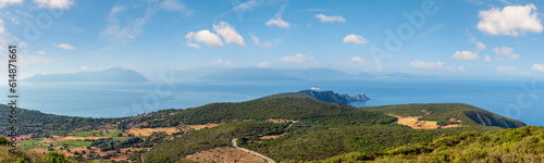 South cape of Lefkas island and lighthouse panorama  Lefkada  Greece  Ionian Sea . View from up.