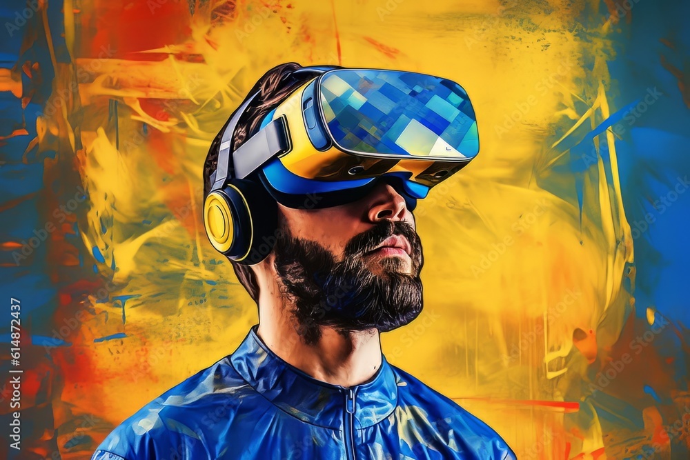 Modern man in blue futuristic costume with golden elements in virtual reality glasses on a golden background AI Modern man in blue futuristic costume with golden elements in virtual reality glasses on a golden background AI