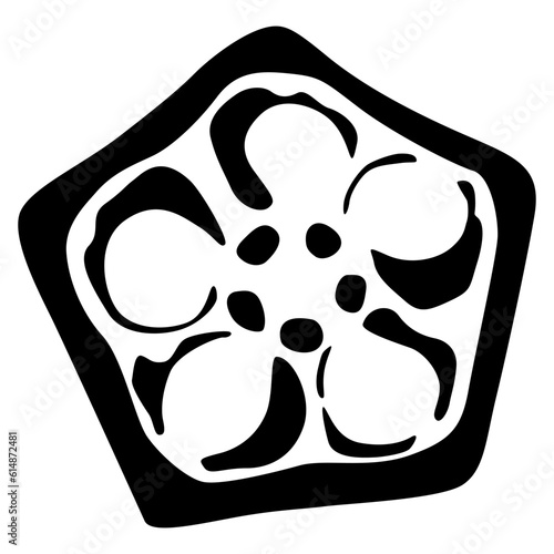 Slice of cut okra pod. Abelmoschus esculentus. Black and white silhouette.