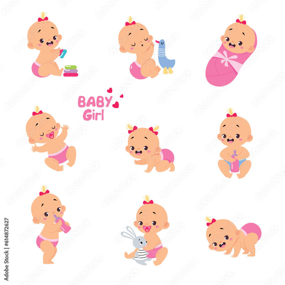 Cute Little Baby Girl or Infant in Diaper Vector Set