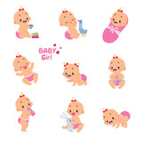 Cute Little Baby Girl or Infant in Diaper Vector Set