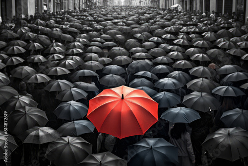 A unique red umbrella stands out amongst a sea of black ones on a bustling city street on a rainy day, symbolizing individuality and non-conformity in the crowd. photo