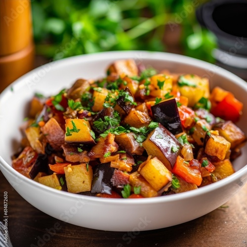 Caponata garnished with fresh parsley and served in a white ceramic bowl