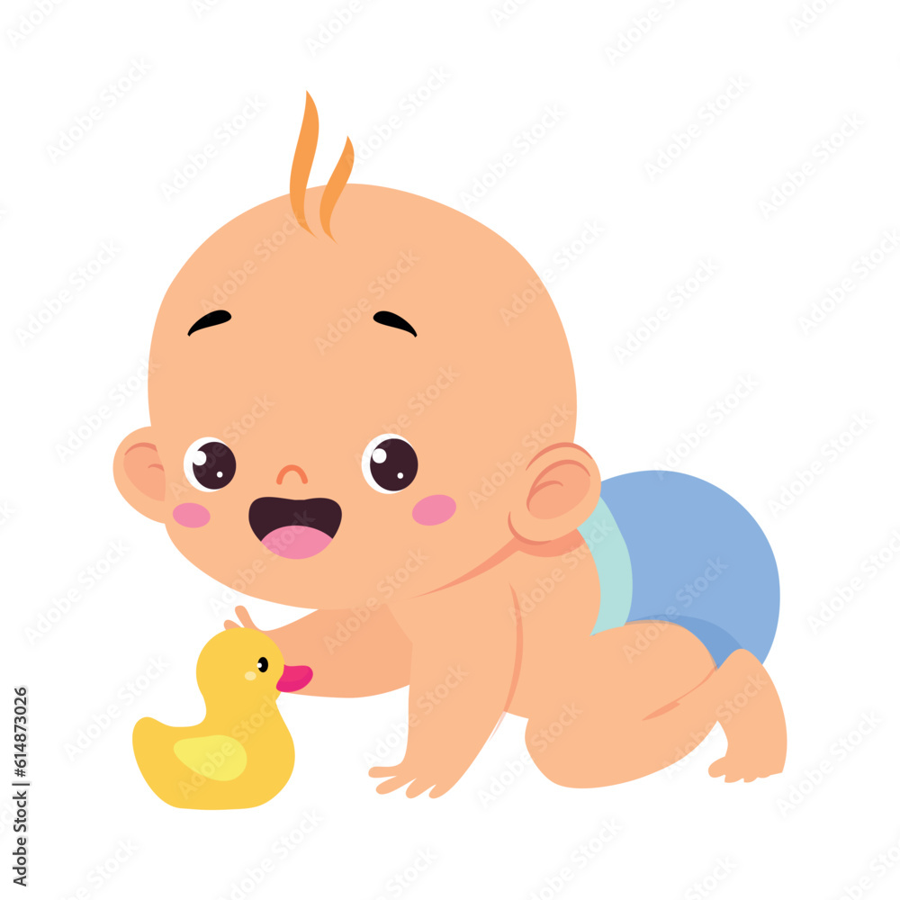 Cute Little Baby Boy or Infant in Blue Diaper Playing with Rubber Duck Vector Illustration Cute Little Baby Boy or Infant in Blue Diaper Playing with Rubber Duck Vector Illustration