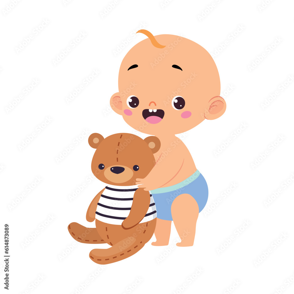 Obraz premium Cute Little Baby Boy or Infant in Blue Diaper Playing with Teddy Bear Vector Illustration