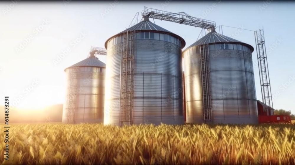 a Silos tower behind a golden wheat field under a summer blue clear sky. Banner, advertising, promotion. Generative AI a Silos tower behind a golden wheat field under a summer blue clear sky. Banner, advertising, promotion. Generative AI