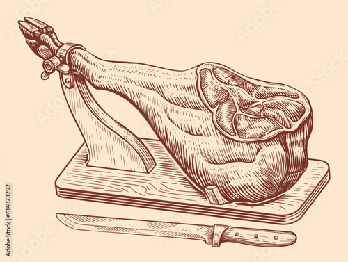 Ham leg on wooden stand. Meat farm pork engraving illustration vector. Spanish jamon hand drawn sketch