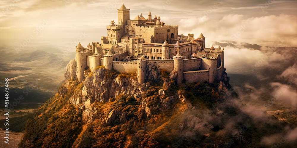 Fantasy background with a mysterious medieval castle in the mountains ...