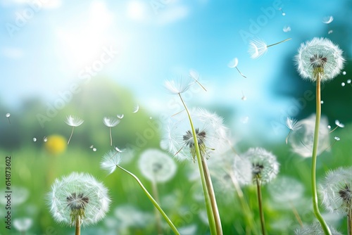 Meadow with dandelions in soft green tones  abstract background  AI generative content.