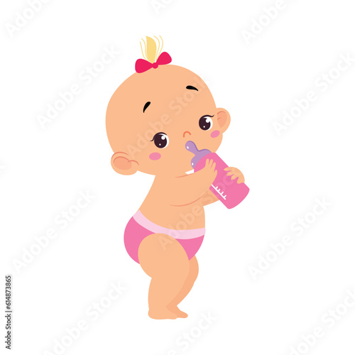Cute Little Baby Girl or Infant in Pink Diaper Drink Milk from Bottle Vector Illustration