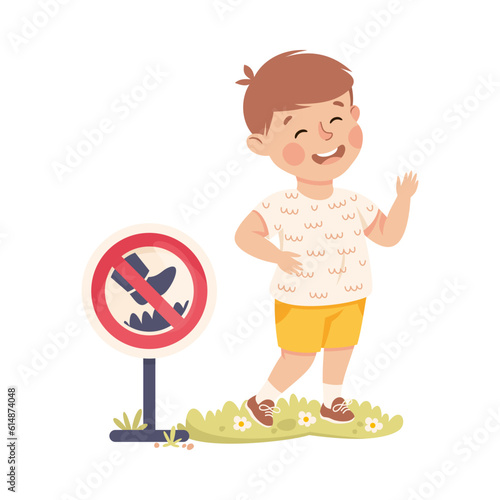 Little Boy Treading on Lawn Having Bad Behavior Vector Illustration